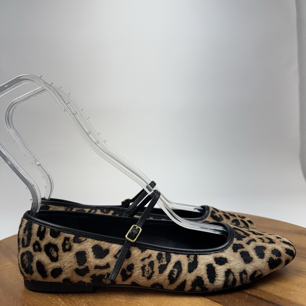 New Womens Veronica Beard Ellie Leopard Print Cow Hair Mary Jane Flats Size 8 M